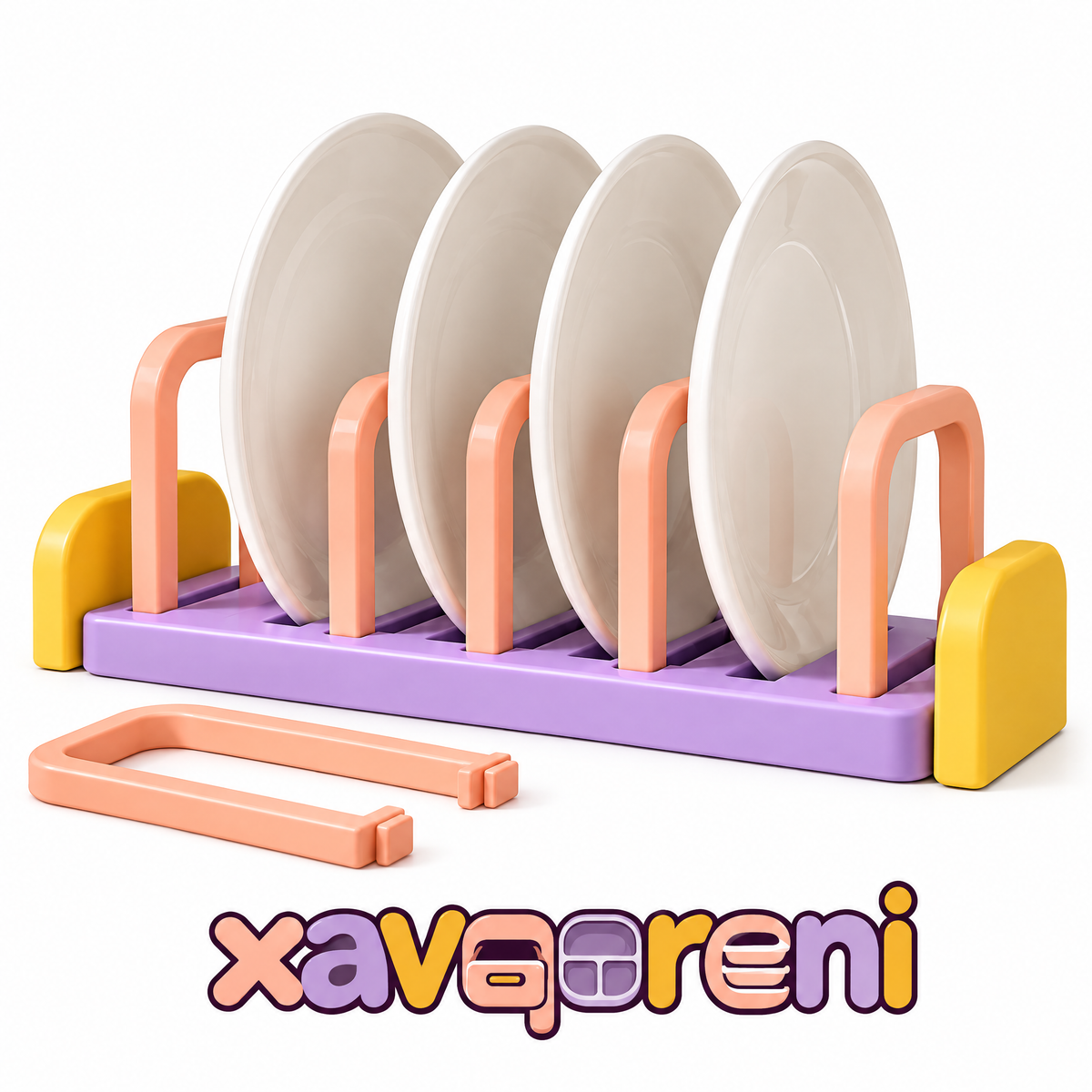 XAVQORENI Adjustable Plate Organizer with Removable Dividers, Vertical Dish Storage Rack with Easy-Grip Base for Kitchen Cabinets