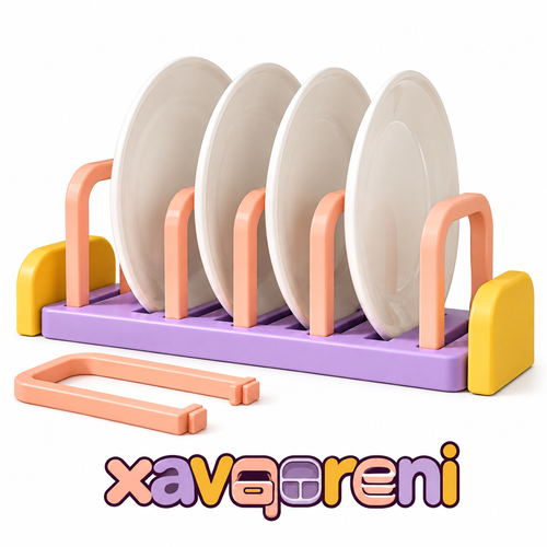 XAVQORENI Adjustable Plate Organizer with Removable Dividers, Vertical Dish Storage Rack with Easy-Grip Base for Kitchen Cabinets
