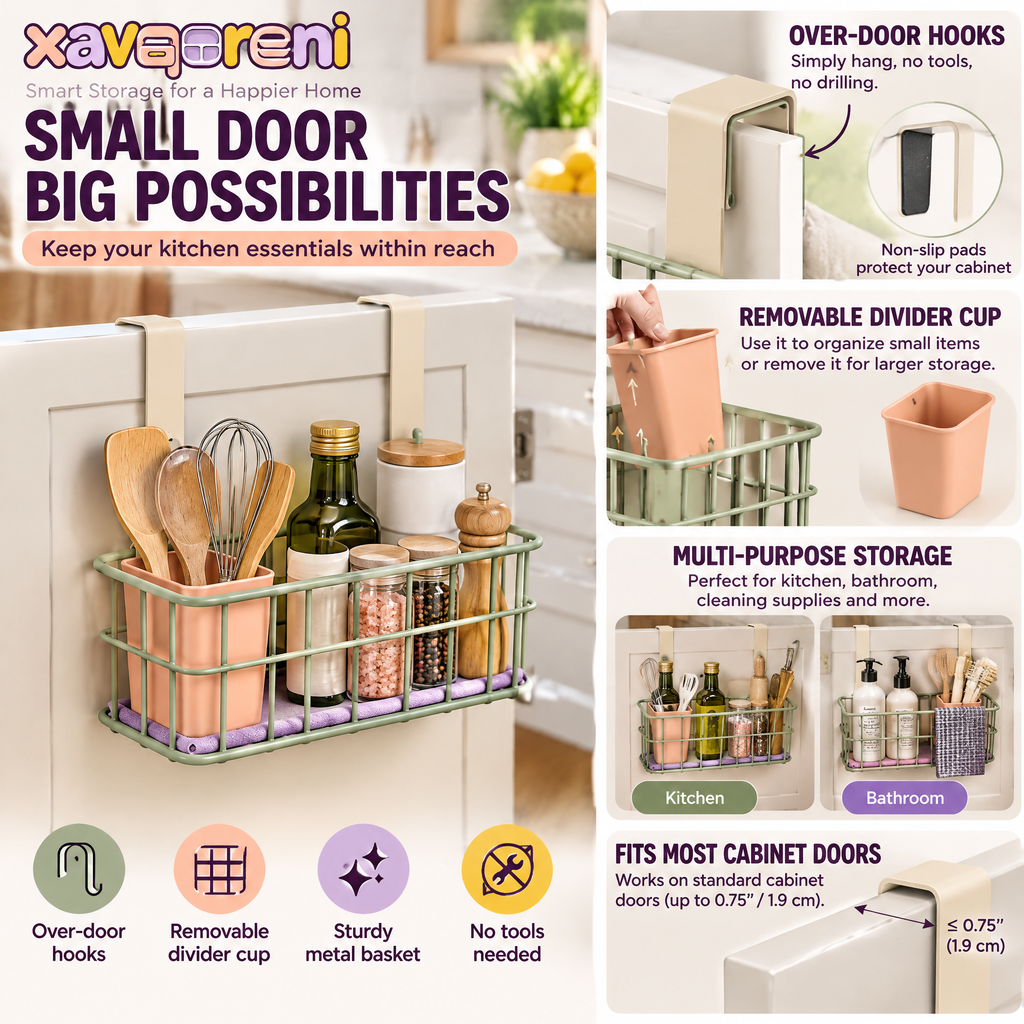 XAVQORENI Over Cabinet Door Organizer Basket with Removable Utensil Cup and Base Liner, Kitchen Storage for Baking Mats and Tools