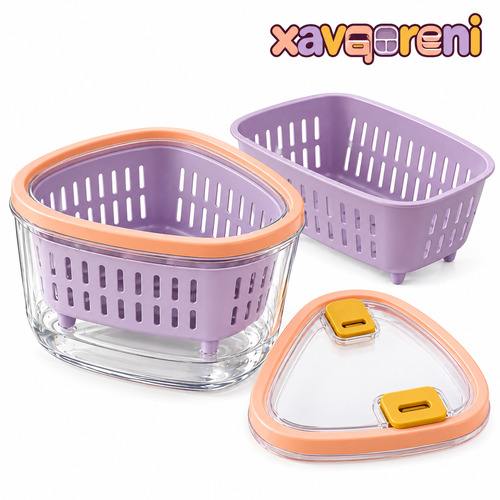 XAVQORENI Berry Keeper Container with Removable Colander, Fruit Washing Basket and Vented Lid for Refrigerator Storage