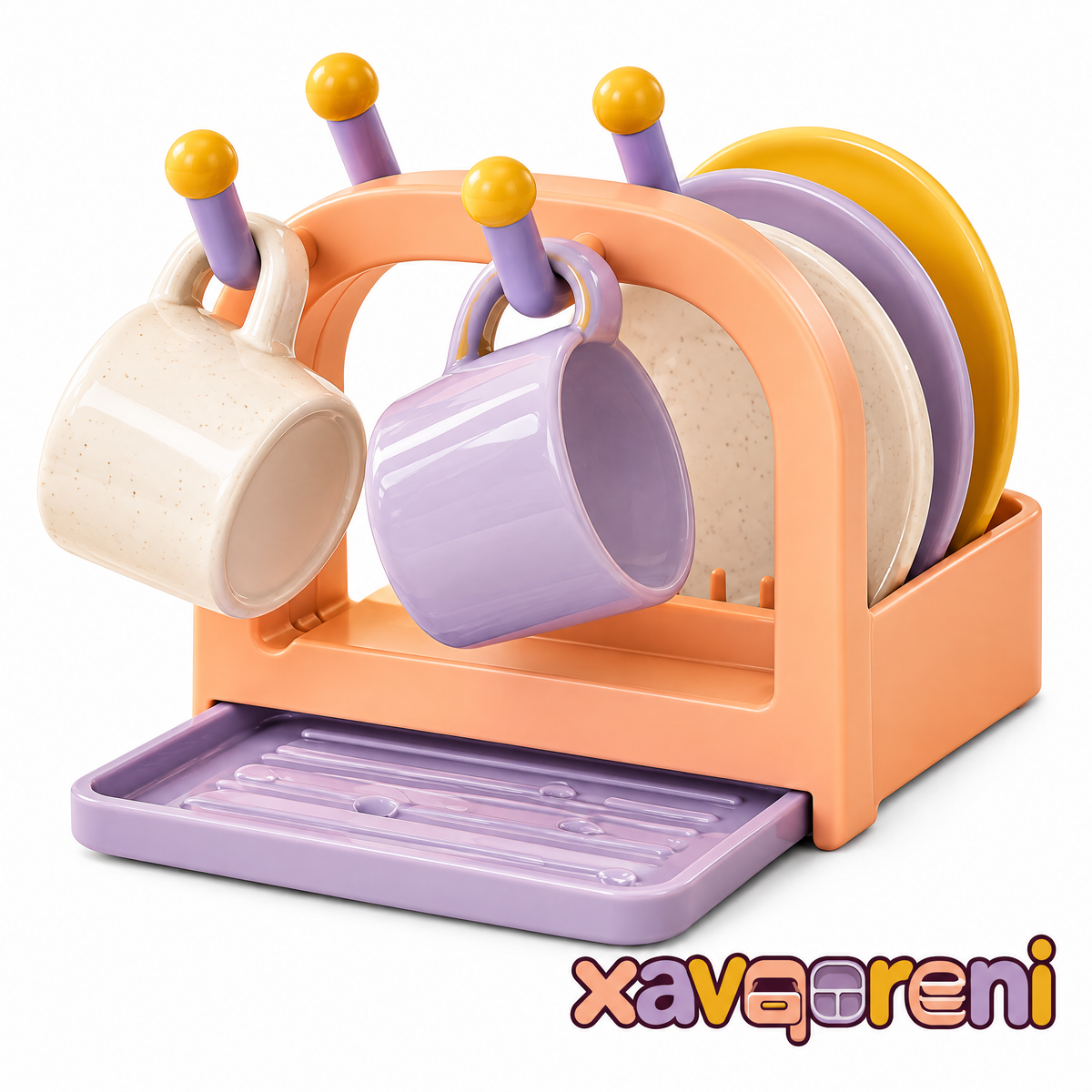XAVQORENI Mug and Saucer Drying Rack with Slide-Out Drip Tray, Compact Countertop Coffee Cup Holder and Small Plate Organizer
