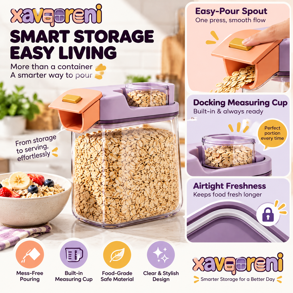 XAVQORENI Cereal Storage Container with Pour Spout and Docking Measuring Cup, Clear Pantry Canister for Oats, Rice and Dry Goods