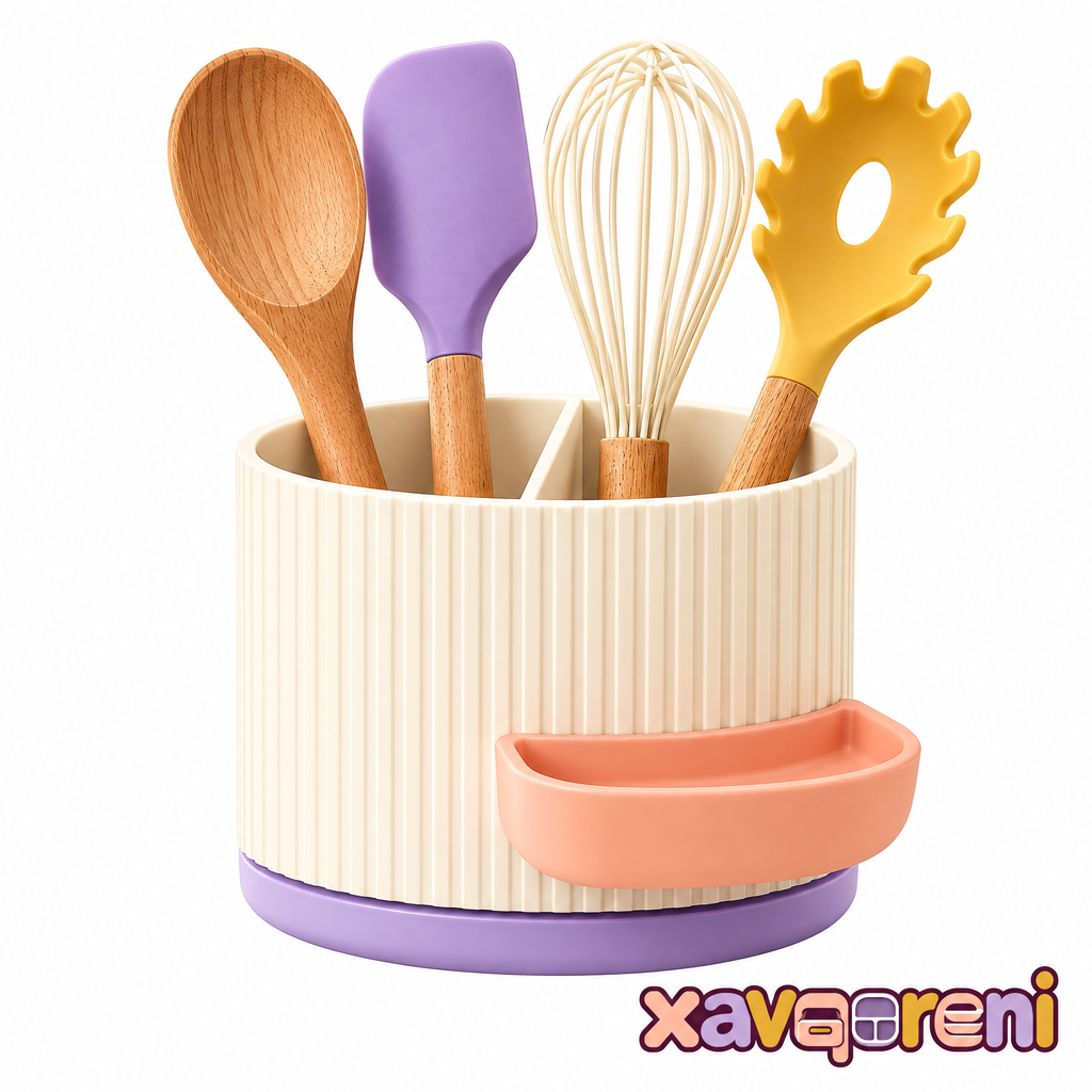 XAVQORENI Rotating Kitchen Utensil Holder with Lift-Out Divider and Side Tray, Countertop Crock for Spatulas, Spoons and Whisks