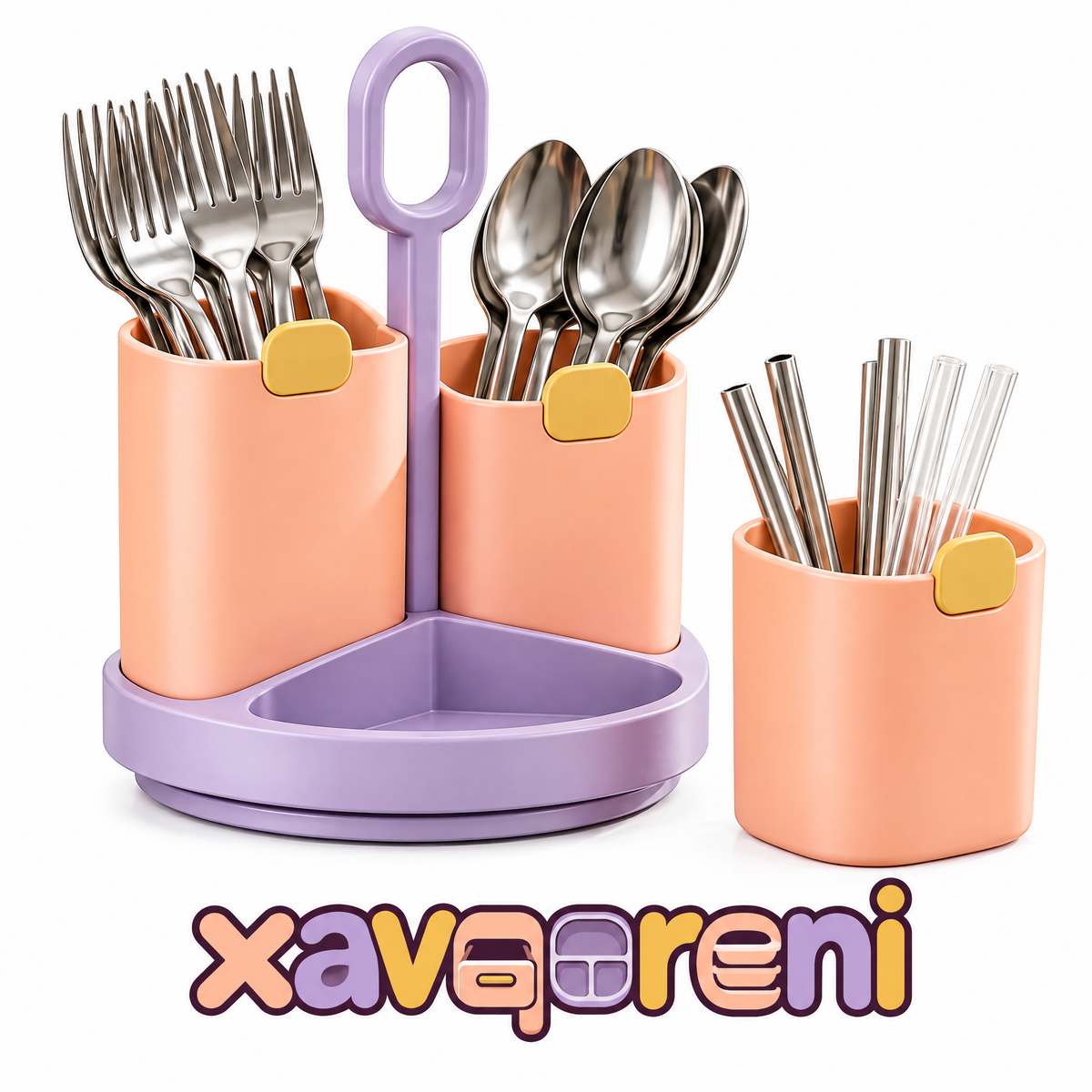 XAVQORENI Rotating Silverware Caddy with Removable Cups and Carry Handle, Countertop Flatware Organizer for Forks, Spoons and Straws