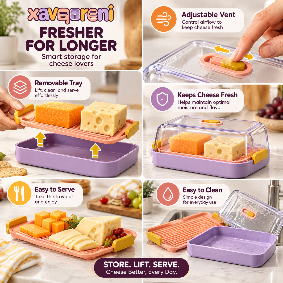 XAVQORENI Cheese Keeper for Refrigerator with Removable Raised Serving Tray and Adjustable Vent, Clear Covered Cheese Storage Box