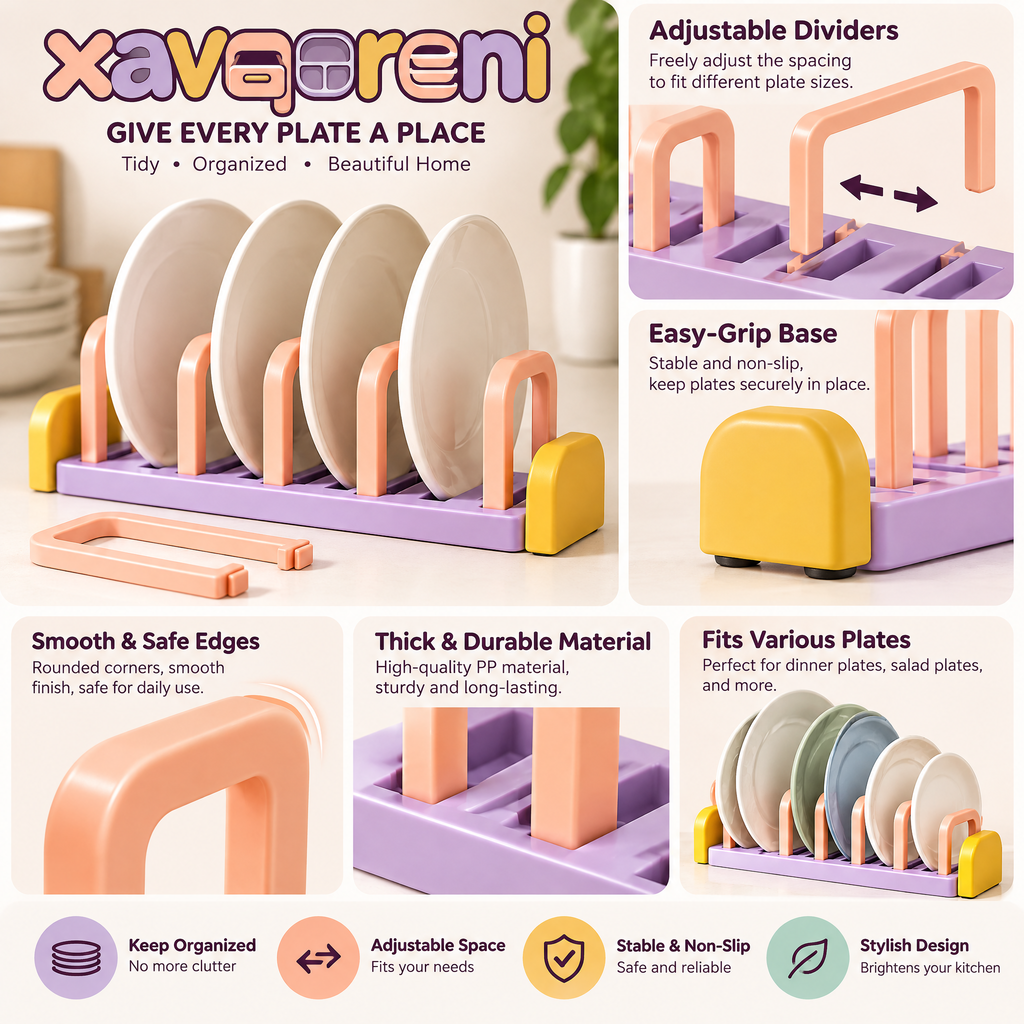 XAVQORENI Adjustable Plate Organizer with Removable Dividers, Vertical Dish Storage Rack with Easy-Grip Base for Kitchen Cabinets