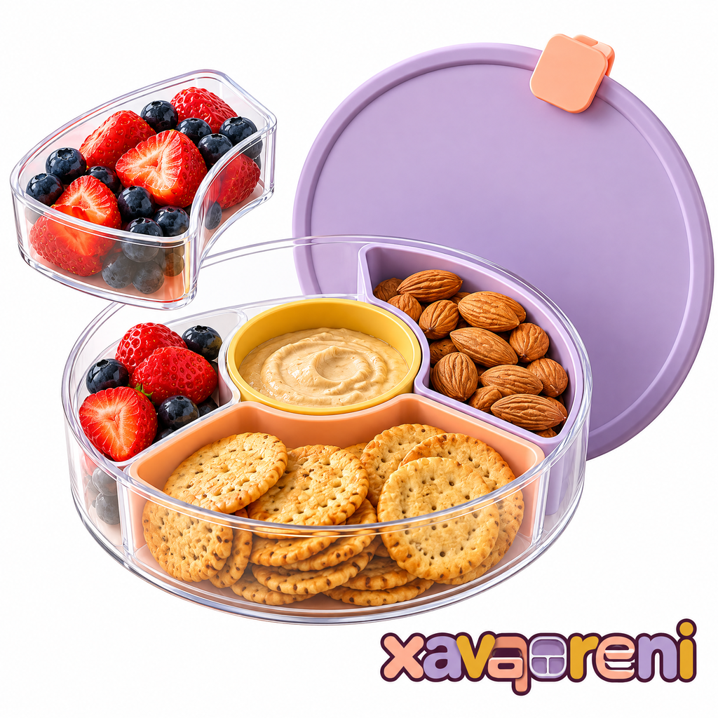 XAVQORENI Round Divided Snack Container with Removable Cups and Center Dip Cup, Lidded Food Organizer for Fruit, Nuts and Crackers